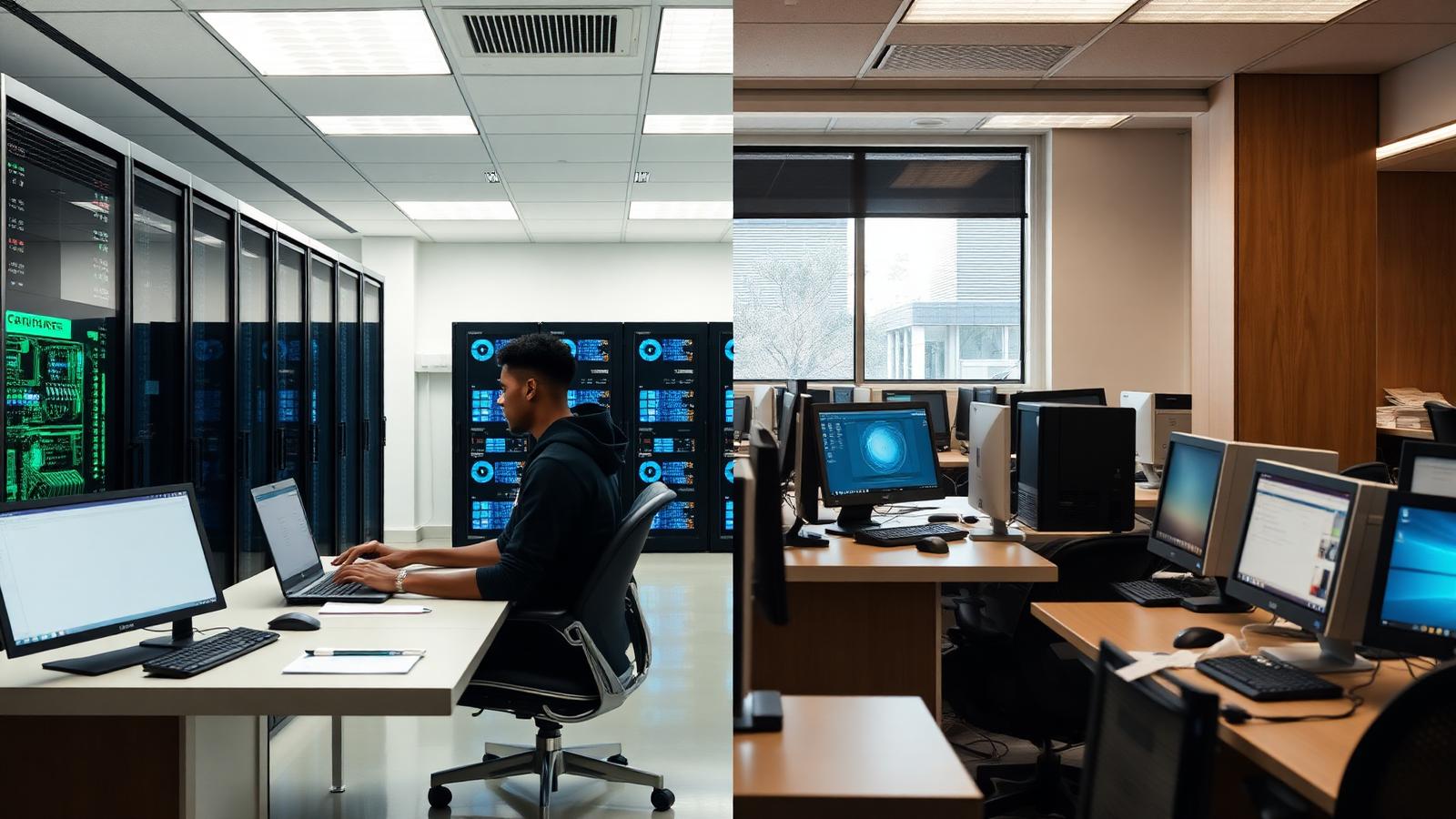 Modern AI lab compared with legacy university computer lab
