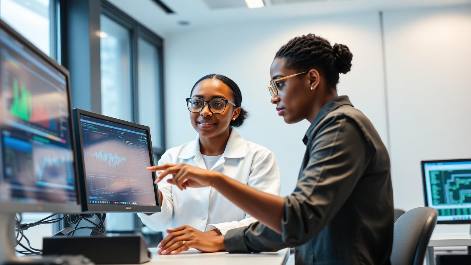 Faculty and student working on GPU-equipped AI workstation
